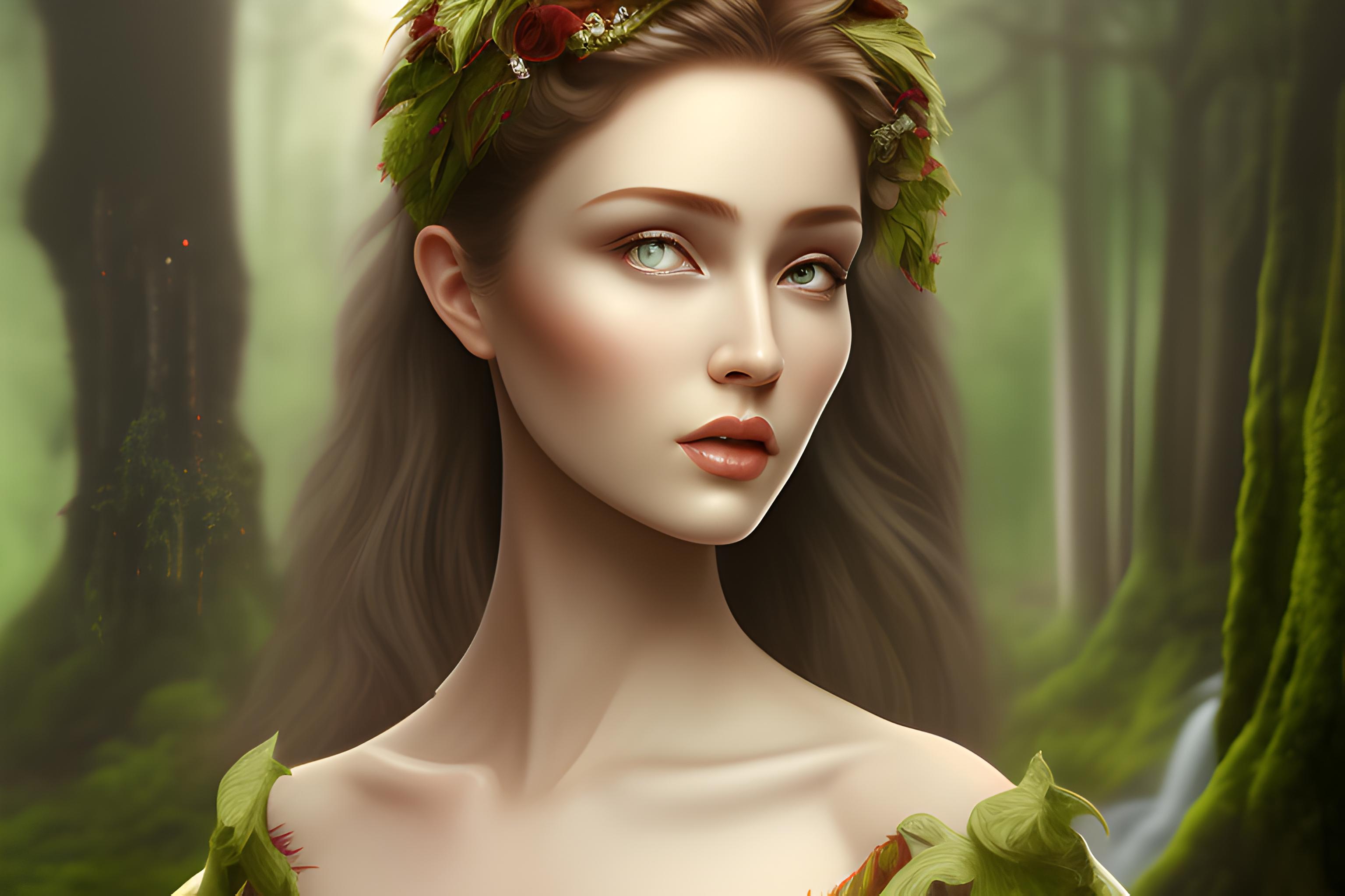 A pretty and shapely driad, in a forest. She has bark skin like a tree, of different green and maroon shades. the style is as a painting but realistic. there is a waterfall in the far background. she has green eyes, with a very faint glow. The head also is tree-like for the skin, but still very beautiful. we can see her in full in the forest scene. she looks like driads of the video game with gerralt


